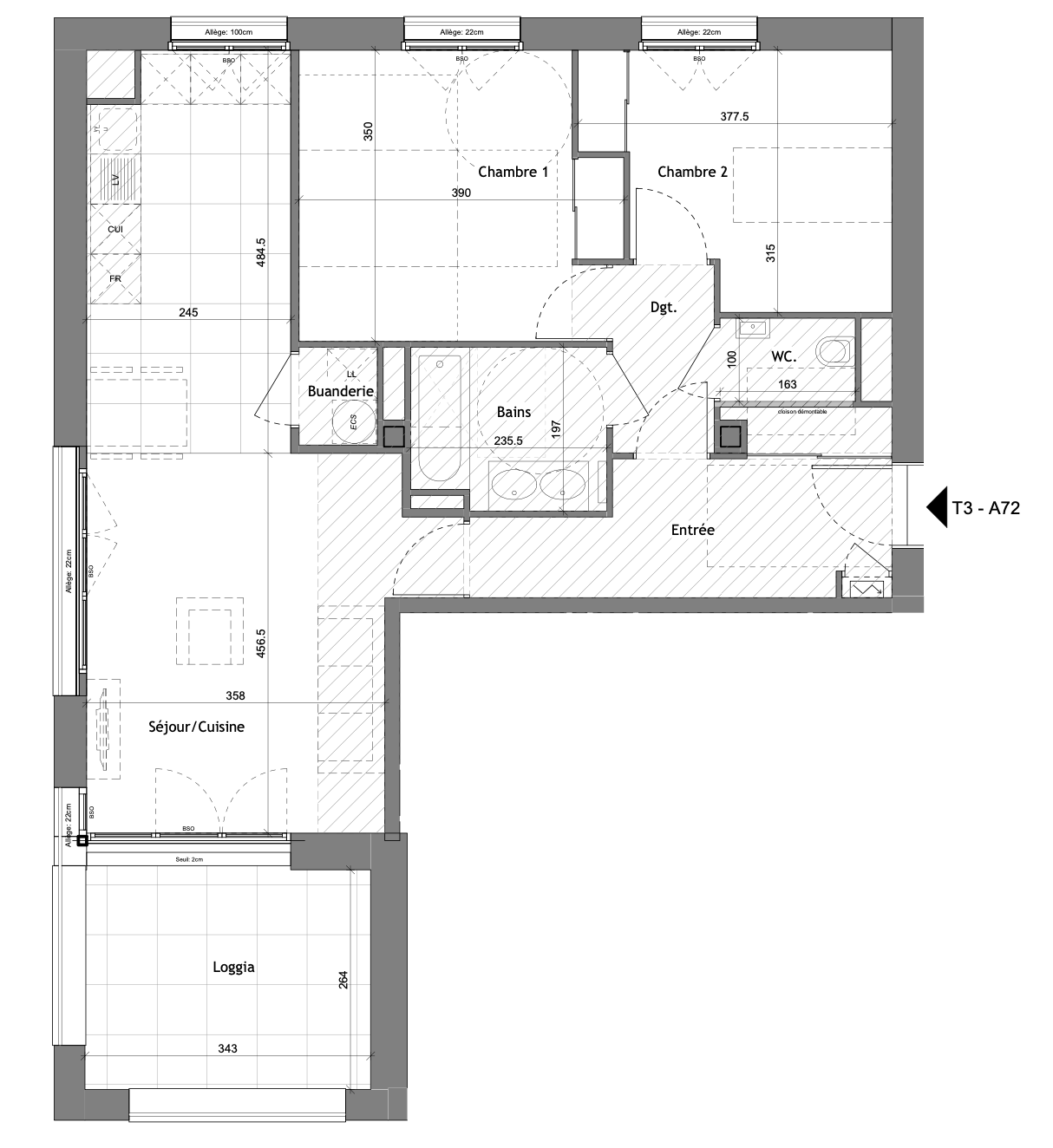 Plan de l’appartement avec séjour-cuisine, deux chambres et loggia